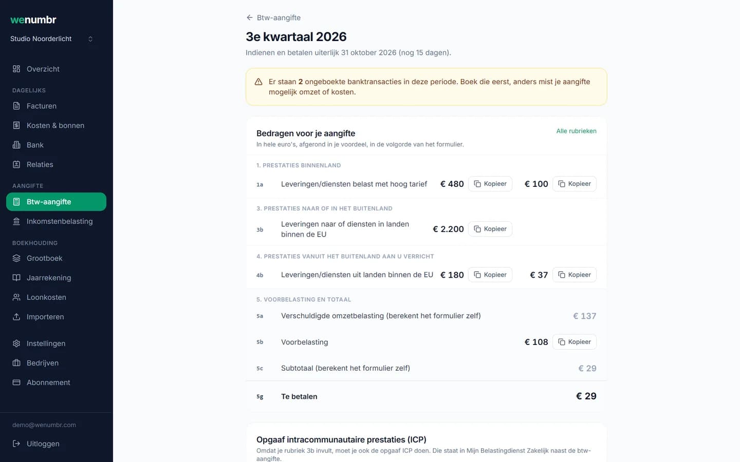 De btw-aangifte van het kwartaal in Wenumbr